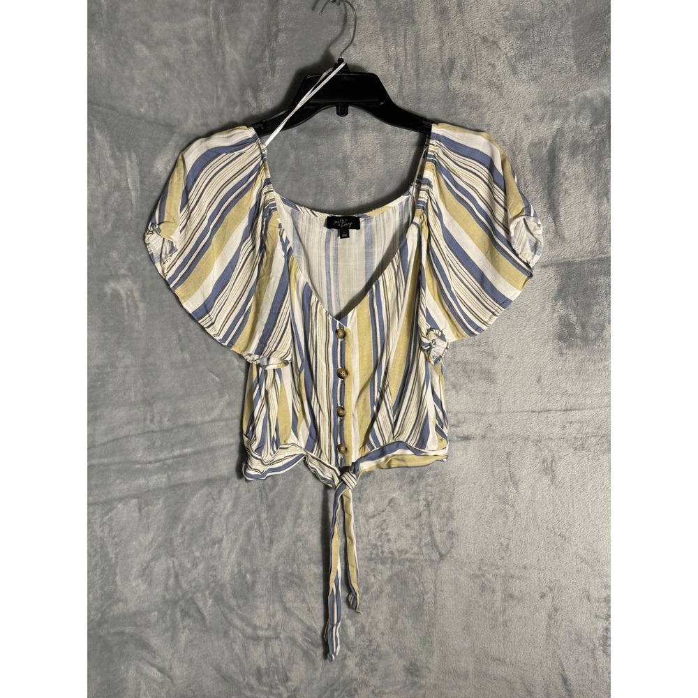 Milk & Honey Striped Tie Front Crop Top Blue Yellow Button Down Flutter Sleeve L